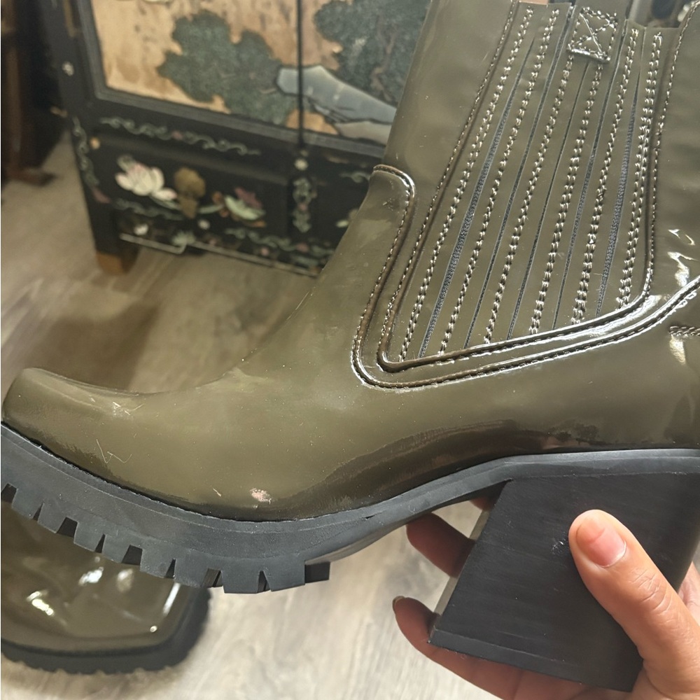 Olive Green Sabine Chelsea Moto Patent Leather Boots - Picture 6 of 10